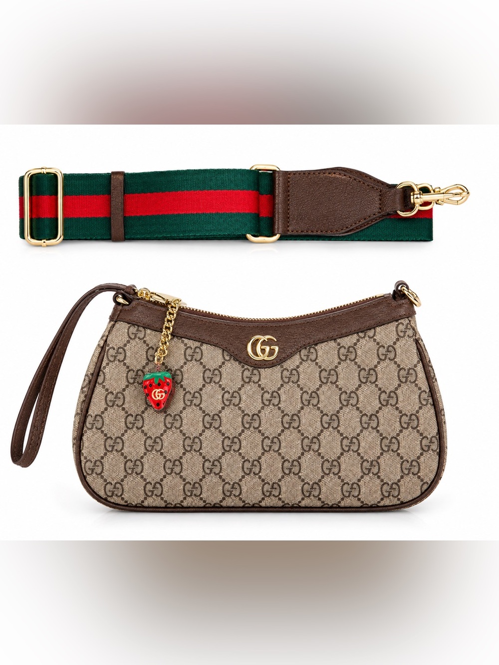 Tan and brown Supreme Strawberries Small Shoulder Bag with Green-Red Strap